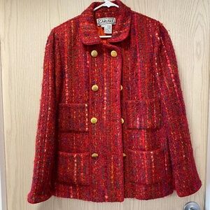 Vintage Carlisle Size 14 Women’s Red Tweed Jacket w/ gold buttons  side Pockets